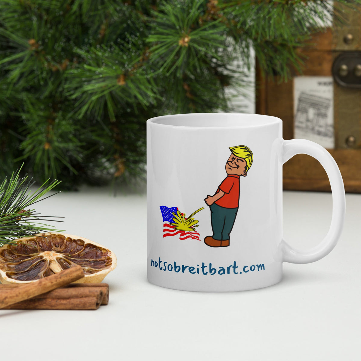 Trump Peeing on Flag Ceramic Glossy Coffee Mug notsobreitbart.com
